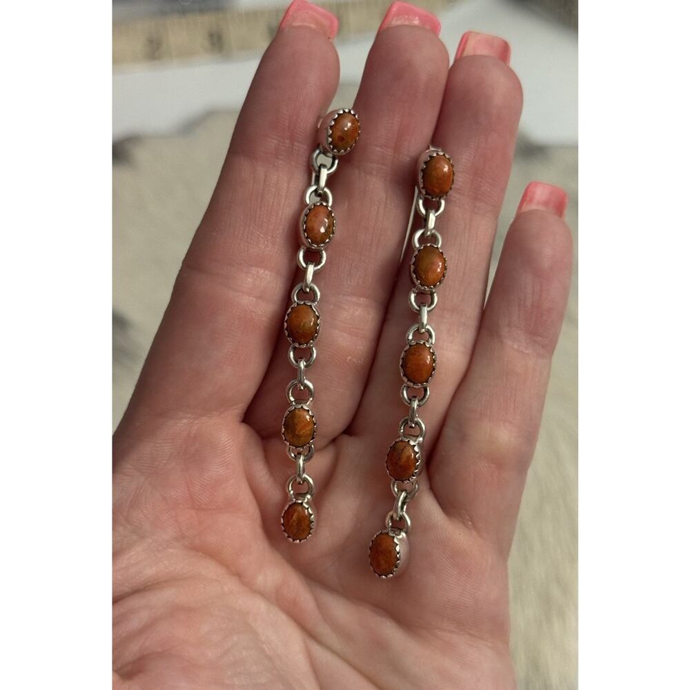 Sterling Silver Orange Sponge Coral Five Stone Dangle Chandelier Stud Earrings